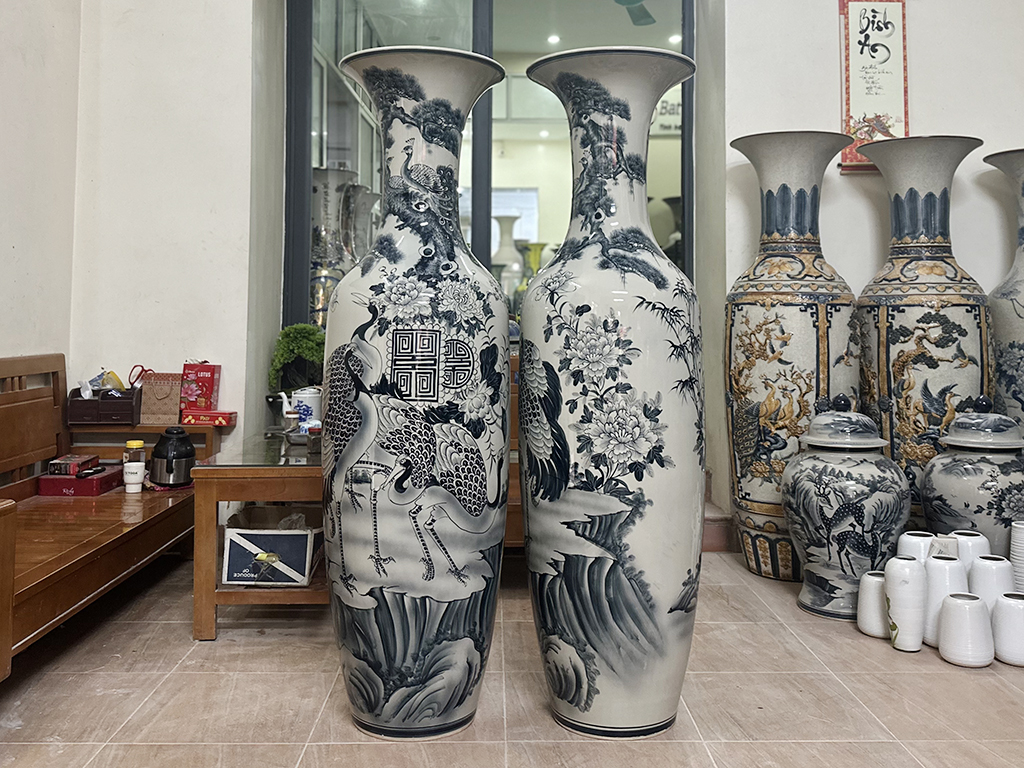 Lọ lộc bình Bát Tràng men chàm cổ Tùng Hạc Ngũ Phúc 1m6 3